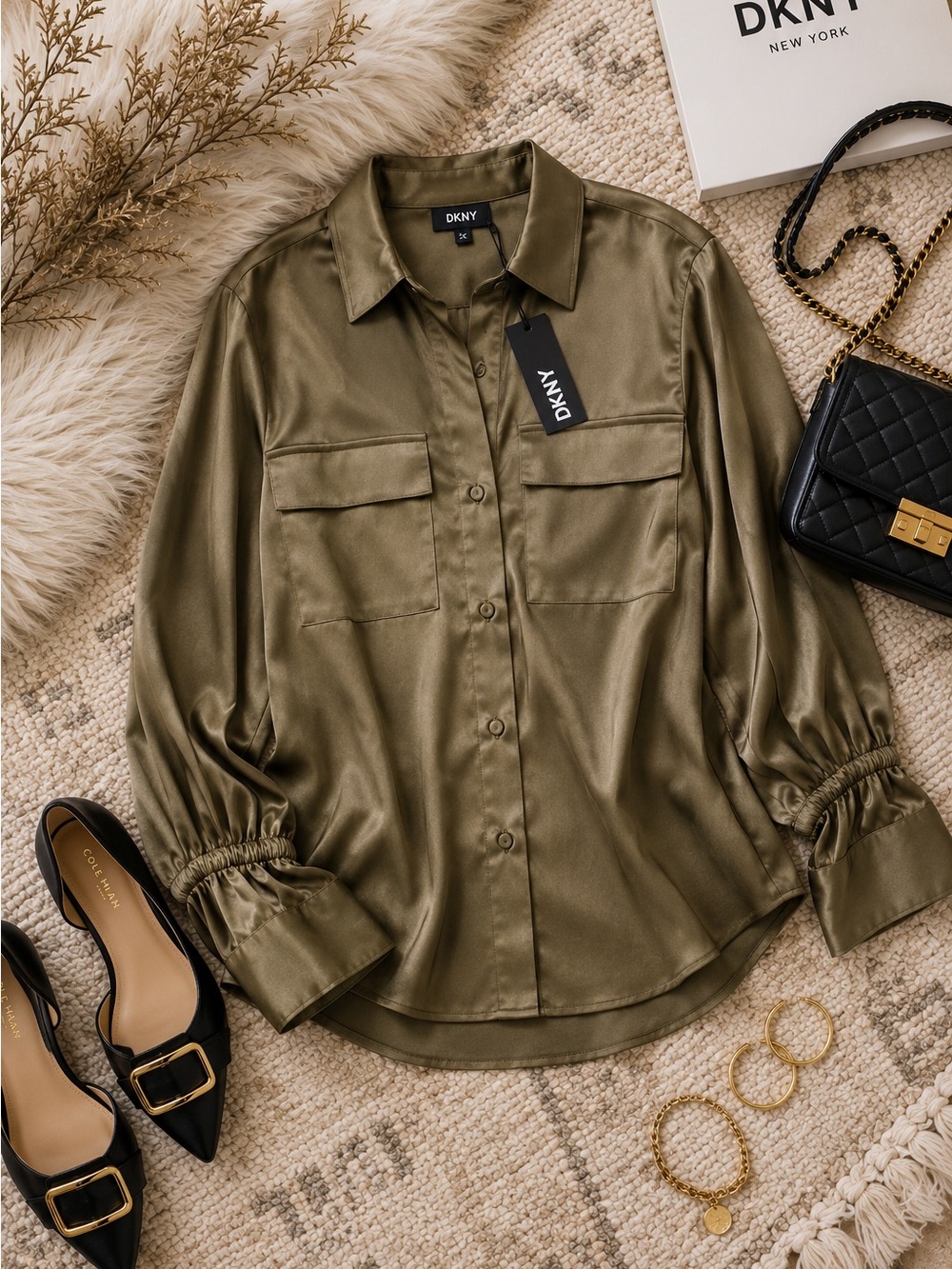 DKNY Satin Utility Blouse Size M Fatigue Green Oversized Button Down NWT
